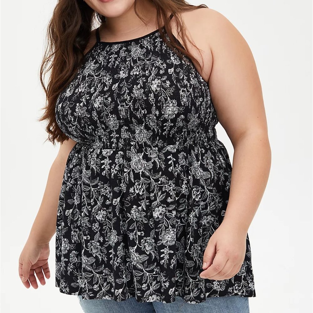 Torrid Size 1X 14-16 Black Floral Smocked Babydoll Sleeveless Top